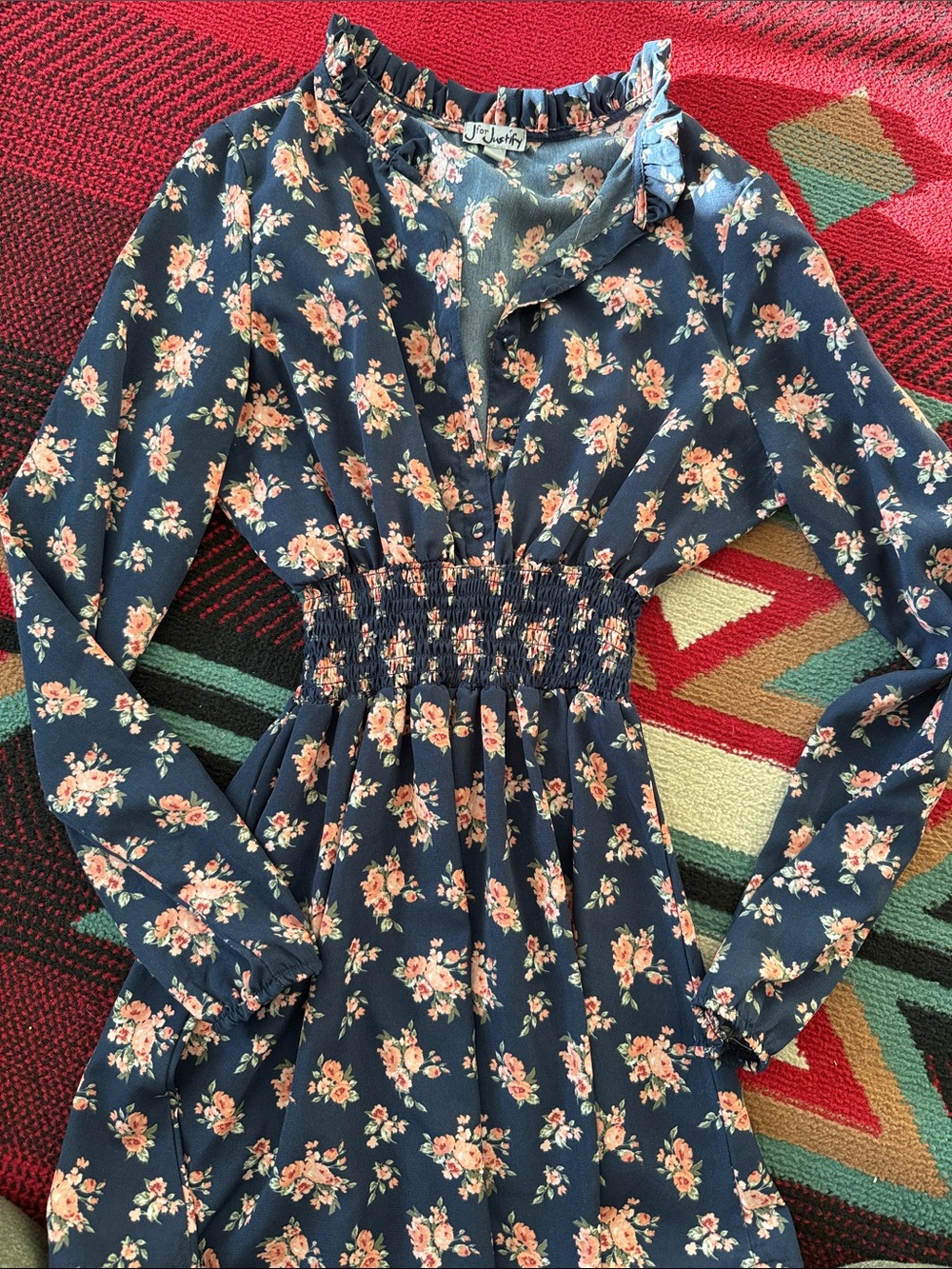 J for Justify Navy Blue Floral Long-Sleeve Dress